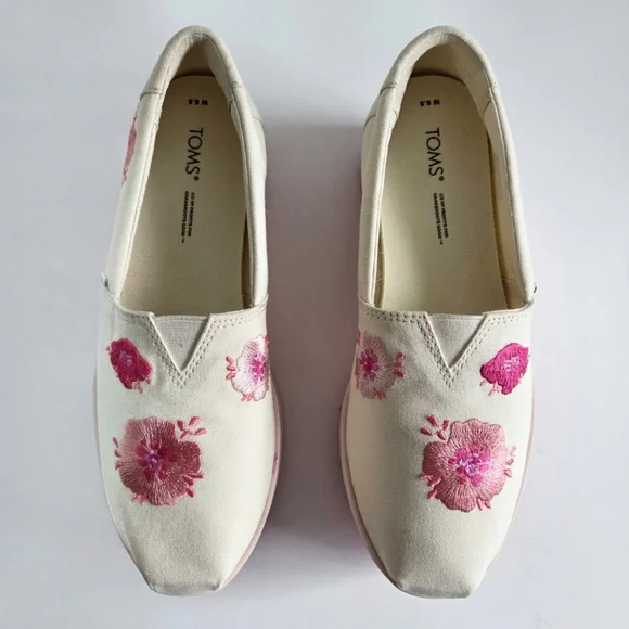 Toms Embroidered Floral On Canvas Platform Slip-On Shoes, Pink & Cream, Size 8.5 - Picture 11 of 16
